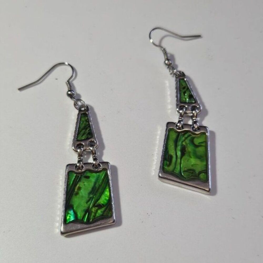 Silver tone green abalone dangling earrings